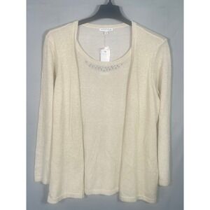 Notations Woman Gold‎ Shimmer Pearl Beaded Twin Set Cardigan Shell WSOF0514 New